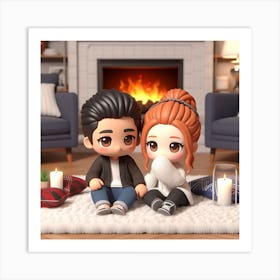 Cool Couple Sitting In Front Of Fireplace Art Print