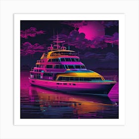 Yacht At Night Art Print