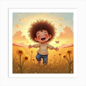 Toddler With Curly Hair Laughing In A Watercolor Sunset Field Art Print