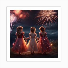 Three Little Girls With Fireworks Art Print