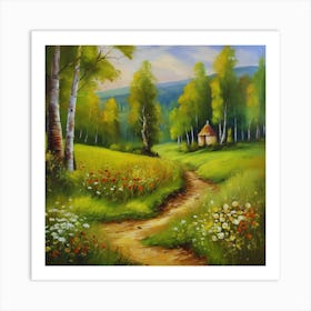 Painting.Canada's forests. Dirt path. Spring flowers. Forest trees. Artwork. Oil on canvas.3 Art Print