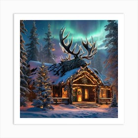 Christmas Cabin In The Woods with Antlers Art Print