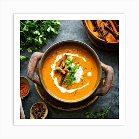 Autumn Pumpkin Curry Soup Simmering In A Traditional Clay Pot Steam Rising Surrounded By An Assort (7) Art Print