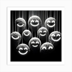 Happy Portraits In Monochrome, Made Out Of Yarn, Graphic, Bioluminescent Art Print