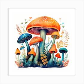 Watercolor Mushrooms And Ferns Art Print