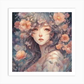 Anime Girl With Flowers 1 Art Print