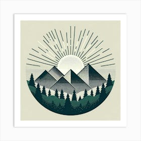 "Radiant Summit"   A sunburst pattern illuminates a stylized mountain range, creating a striking contrast of light and shadow. The halftone textures and monochromatic palette give a vintage feel to this modern design, capturing the timeless allure of the great outdoors. It's a graphic homage to the beauty of dawn breaking over a silent, slumbering forest. Art Print