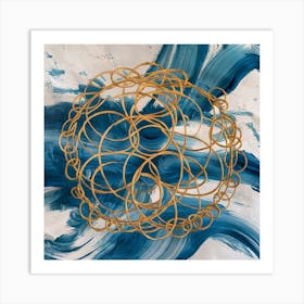 Golden Harmony Abstract Intertwining Circles On Blue (1) Art Print