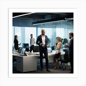 Confident Ceo Standing Center At A Sleek Modern Office Workshop Surrounded By Focused Team In Moti (5) Art Print