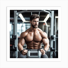 Shirtless Alpha Male Model From The Future Working Out With Heavy Weight Machine Art Print