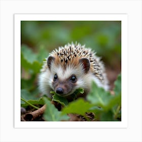 A Playful European Hedgehog Snuffling Through Leaves 1 Art Print