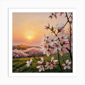 Sunset Blossom Glow Blossoming Cherry Blossoms Art Print