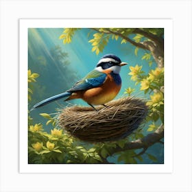 Digital Painting Of A Stunning Bird Perched Atop Its Intricately Woven Nest Amidst The Vibrant Bud(1) Art Print