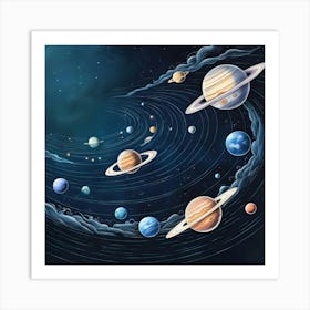 A Breathtaking, Highly Detailed Illustration Of The Universe And All Its Planets, Set Against A Deep, Starry Night Sky 2 Art Print