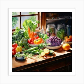 Watercolor Modern Kitchen With Aray Of Vegtables Studio Photography Complex Details Art Print