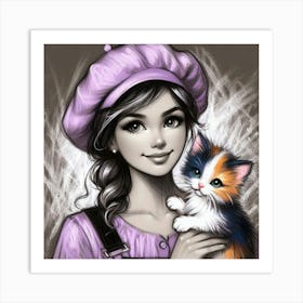 Girl With Kitten Art Print