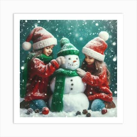 Two Girls Making A Snowman Art Print