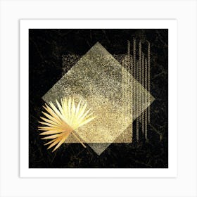 Gold Palm Leaf On Black Marble Art Print