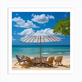 Beach Umbrella With Chairs and Table Art Print