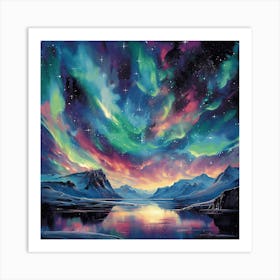 Lake Aurora Borealis Nature Landscape Moutains Stars Scenic Northern Lights Painting Digital Art Painting Art Print