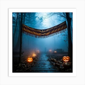 Fog Holiday Greeting Scarey Evil Dark Ominous Leaf Stripes Haunting Wood Carving Flames (27) Art Print