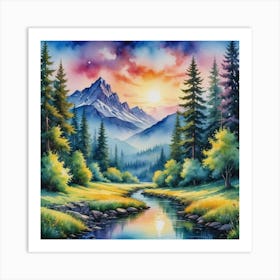 Chromatic Peaks and the Dancing Creek Sunset By The River Art Print