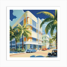 Palm-lined streets of an Art Deco seaside resort Art Print