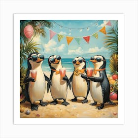 Tropical Penguin Beach Party Fun Art Print