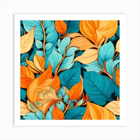 Seamless Pattern With Orange And Blue Leaves Art Print