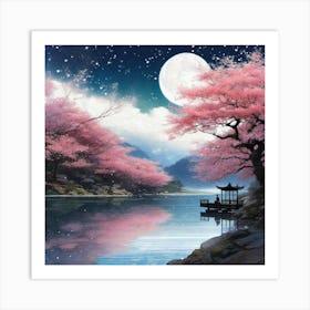 Cherry Blossoms By The Lake 12 Art Print