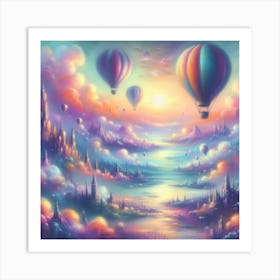 Dreamy Pastel Painting Of Hot Air Balloons Drifting Over A Fantasy Landscape, Style Soft Pastel Painting Art Print