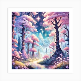 A Fantasy Forest With Twinkling Stars In Pastel Tone Square Composition 196 Art Print