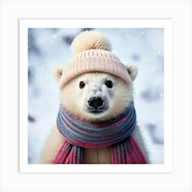 Firefly Playful, Endearing, Polar, Bear, Cub, Fluffy, White, Fur, Snowy, Backdrop, Knit, Cap, Scarf, (1) Art Print