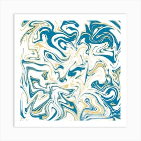 Liquid Contemporary Abstract Blue And Gold Marble Swirls - Retro Liquid Swirl Pattern Art Print