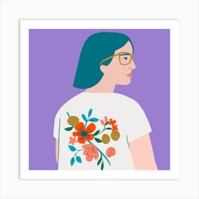 Girl With Flower Shirt Square Art Print