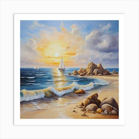 Oil painting design on canvas. Sandy beach rocks. Waves. Sailboat. Seagulls. The sun before sunset.30 Art Print