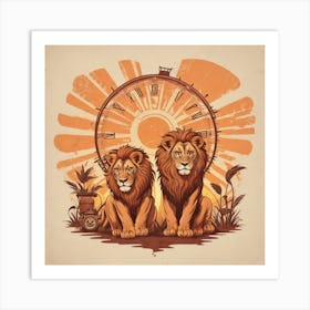 Lions And Clock Art Print