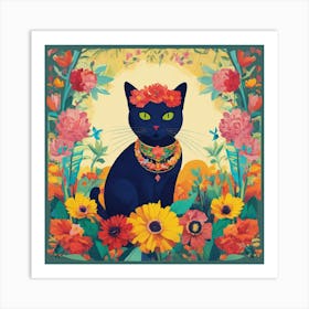 Black Cat With Flowers Art Print