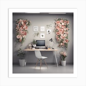 Home Office With Flowers Art Print