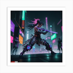 Cyberpunk Samurai In A Neon Lit Megacity in A Futuristic World Of Dazzling Neon Lights And Towering Art Print