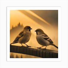 Firefly A Modern Illustration Of 2 Beautiful Sparrows Together In Neutral Colors Of Taupe, Gray, Tan (70) Art Print