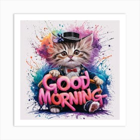 Confident Kitten A Vivid Watercolor Splash Art With Bold Graffiti Typography (1) Art Print