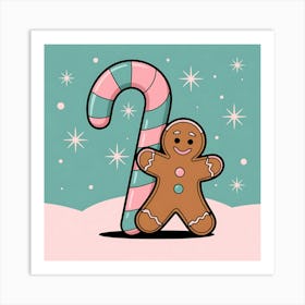 Gingerbread Man With Candy Cane Art Print