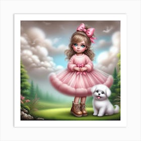 Little Girl In Pink Dress And White Dog Art Print