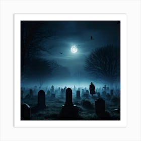 Full Moon Casting An Eerie Glow Over A Cemetery Gravestones Crooked With Names Worn By Time Mist C (1) Art Print