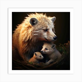 Mother And Cubs, A Mother Animal Caring For Her Young Illustrating Nurturing And Love Art Print