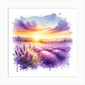 Purple and Yellow - Watercolor Painting of a Landscape with Lavender and Sunset Art Print
