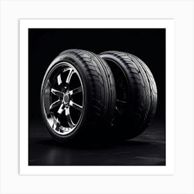 Two Car Tires On A Black Background Art Print