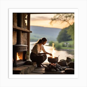 Woman Cooking On A Fire Art Print