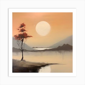 Sunset By The Lake In Earth Tones, Landscape Painting Art Print